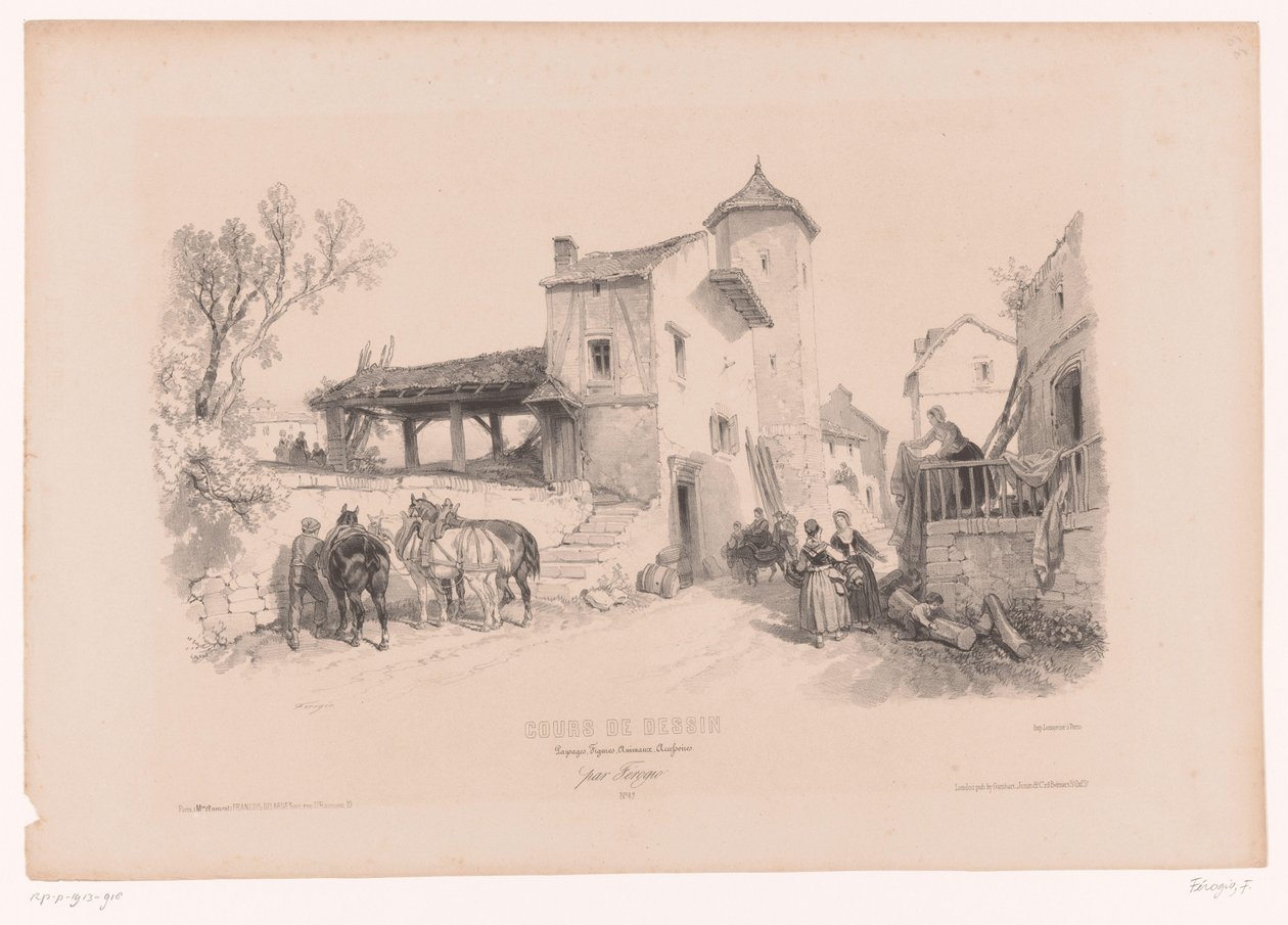 Village Street with Horses and Various Figures (Drawing Course with Studies of Landscapes, Animals, and Details) by Fortuné Ferogio