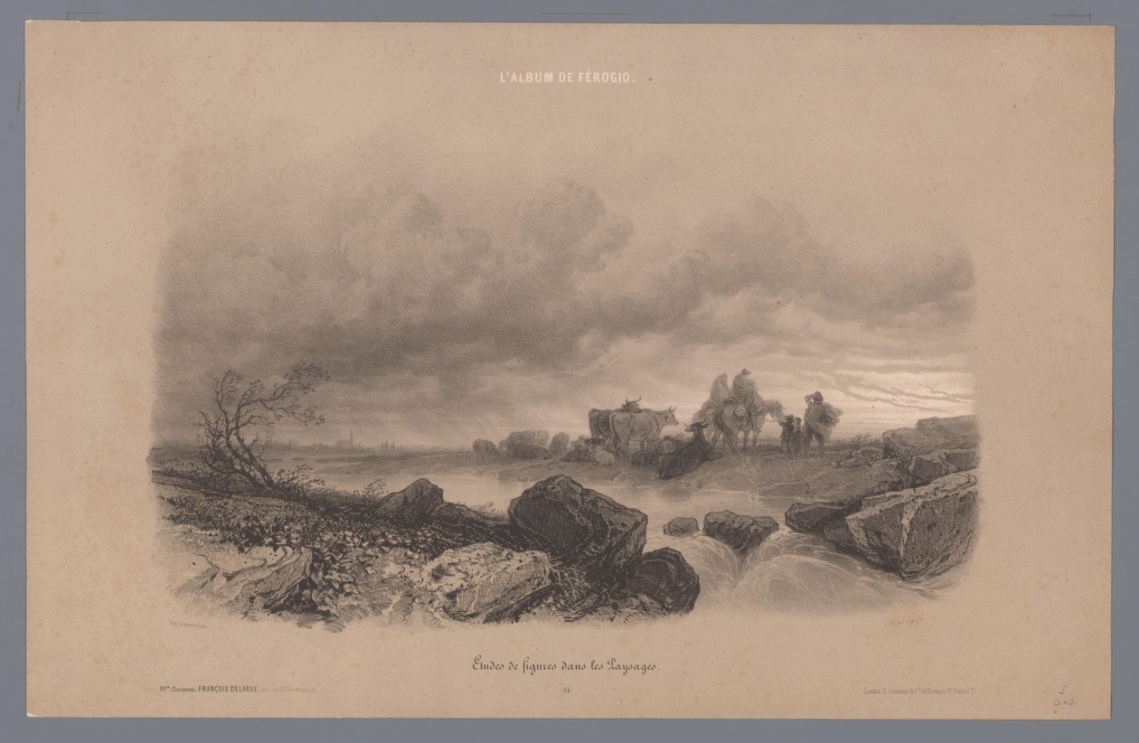 Travelers and Cows by a Stream in a Landscape by Fortuné Ferogio