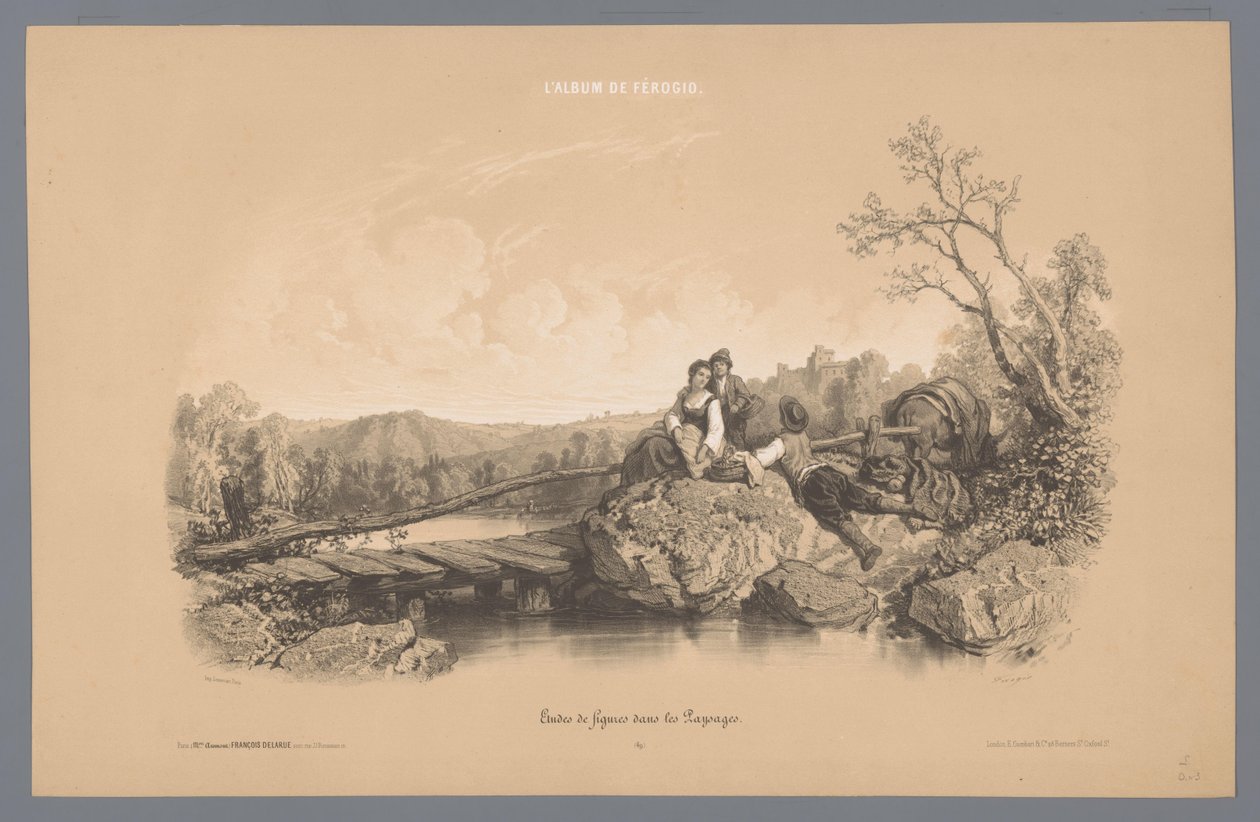 Woman with Two Boys by a Lake with a Castle by Fortuné Ferogio