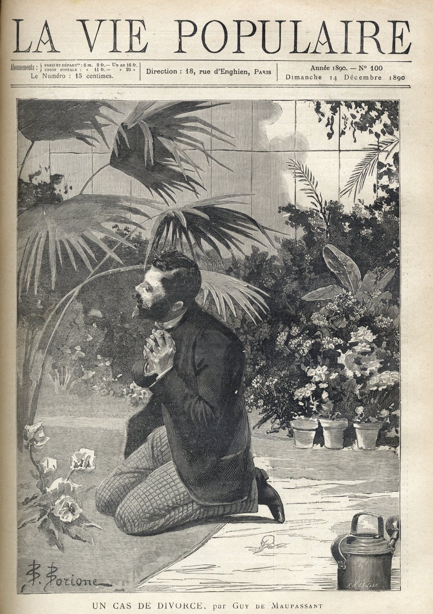 A desperate man prays on his knees in a greenhouse. Illustration by F. Meaulle after B. Borione for 