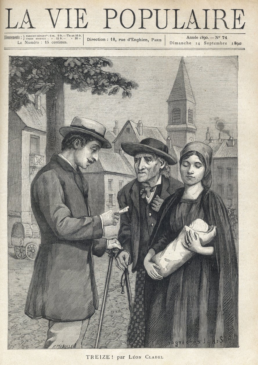 A nurse holding a new swaddling, accompanied by her father, an old peasant, with a determined eye, meets a man of the bourgeoisie, who carefully reads a paper, in the square of a provincial village. Illustration by Rene Schutzenberger (1860-1916) by Fortune Louis Meaulle