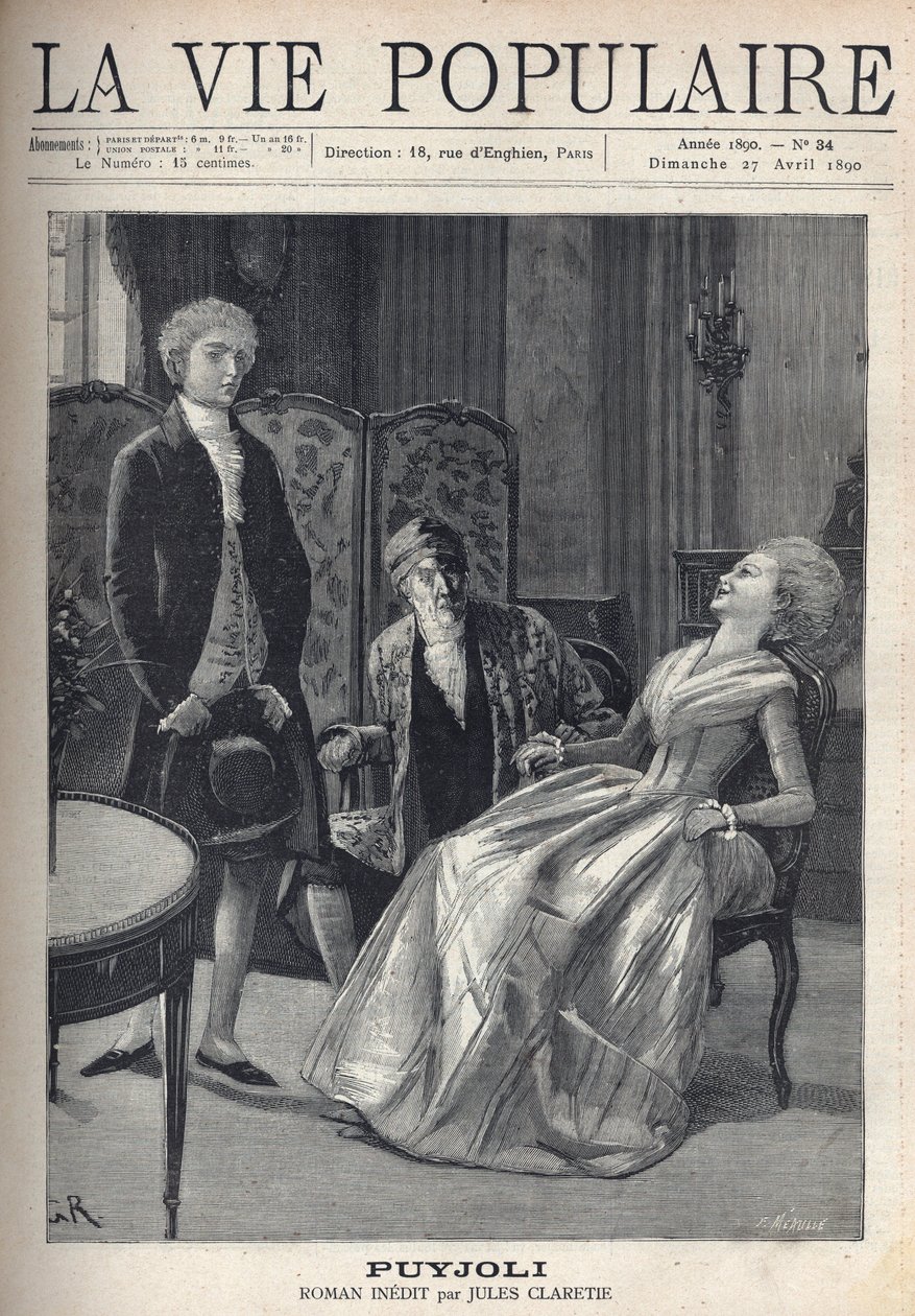 A pretty blond young man, looks bad, having just made his proposal, sees the girl caught with a laugh, spilled over on her chair, under the astonished eyes of her father. Illustration for Puyjoli by Jules Claretie (1840-1913). Engraving by Fortune Meaulle  by Fortune Louis Meaulle