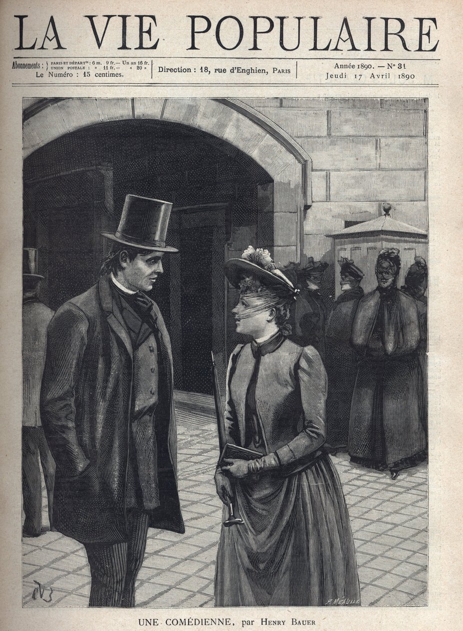 A young woman wearing a veil hat that covers her face, holding an umbrella and a book, talks to an elegant young man by Fortune Louis Meaulle