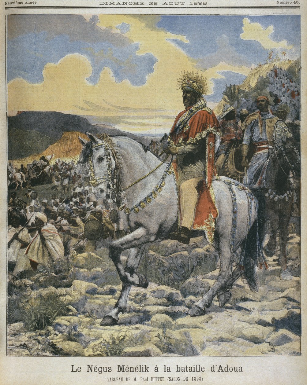 Black of Ethiopia, Menelik II (1844-1913) at the battle of Adowa, illustration from 