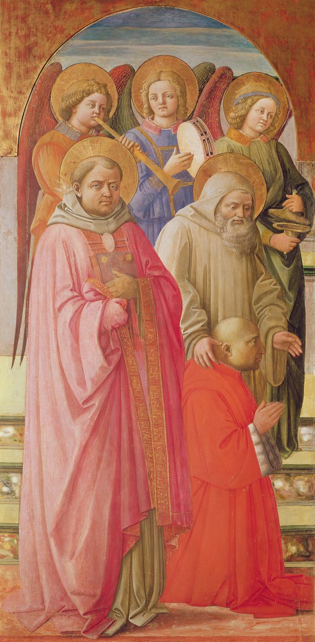 Triptych depicting the Coronation of the Virgin (left panel: saints, angel musicians and the kneeling Cardinal) by Fra Angelico