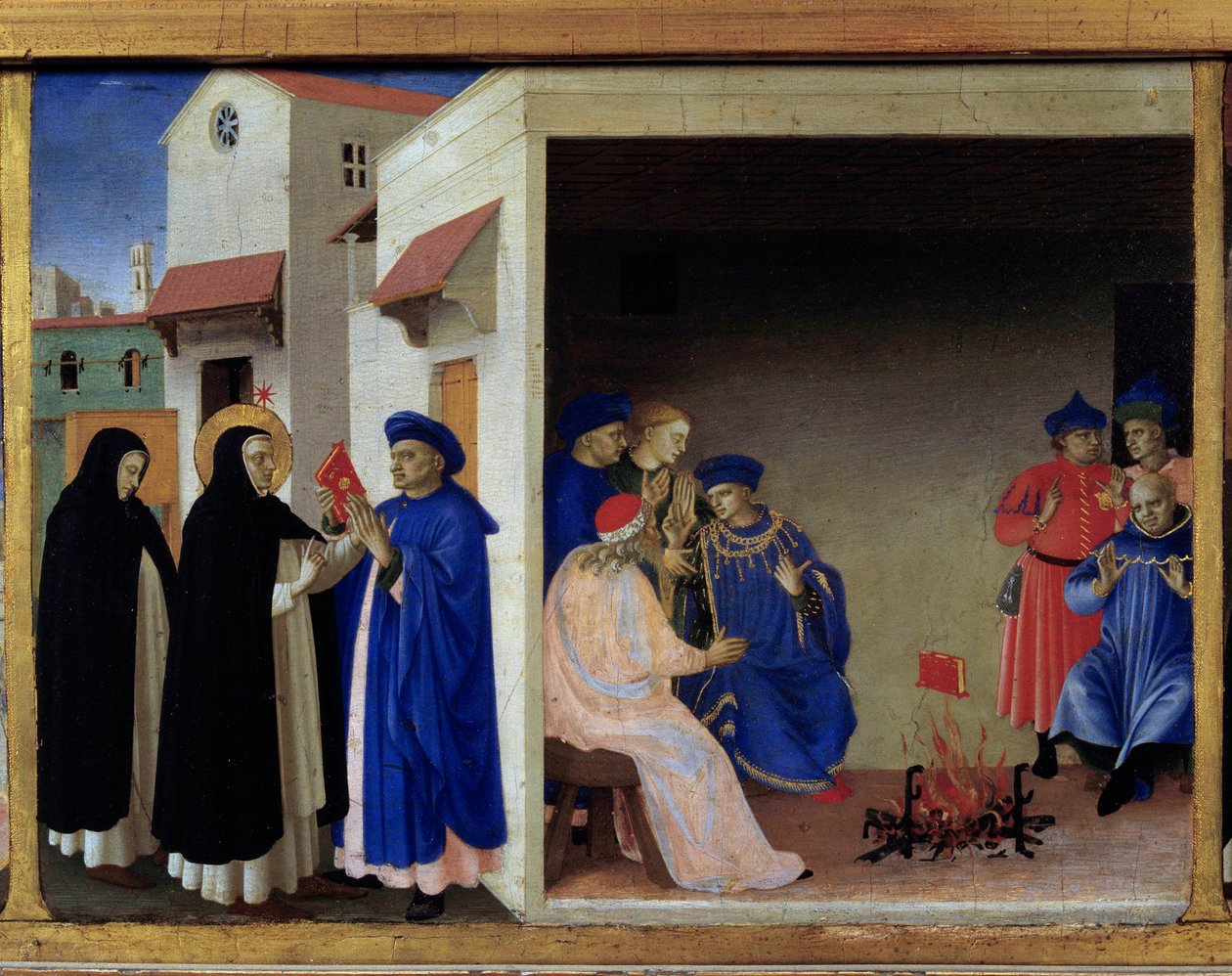 Predelle of the coronation of the Virgin: the miracle of the book sends to the Albigeese by Fra  Angelico