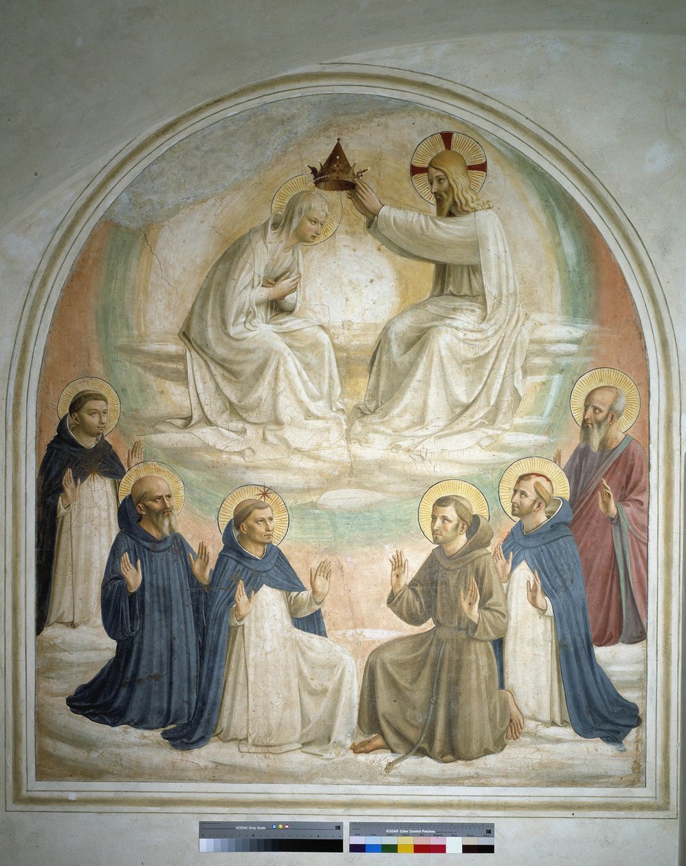 The Coronation of the Virgin. From Left to Right: Saint Thomas, Saint Benedict of Nursia, Saint Dominic, Saint Francis, Saint Peter Martyr, and Saint Mark. Fresco by Guido di Pietro by Fra Angelico