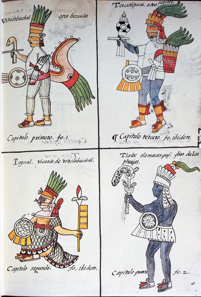 Gods of Ancient Mexicans: Huitzilopochtli, Tezcatlipoca, Tlaloc and Paynal by Fra Bernadino da Sahagun