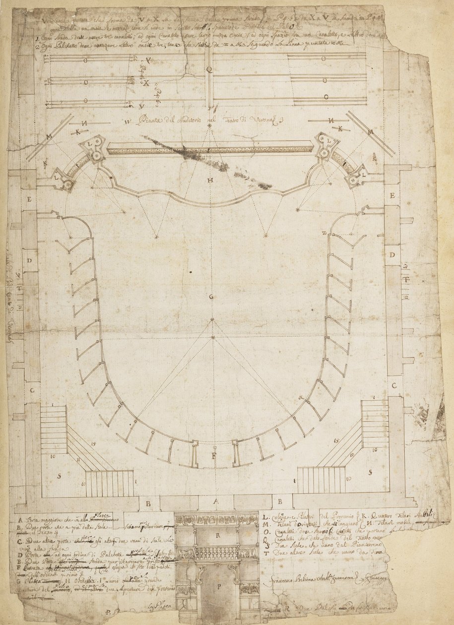 Teatro Filarmonico of the Accademia Filarmonica of Verona, Italy, Auditorium and Main Entrance Elevation by Francesco Galli Bibiena