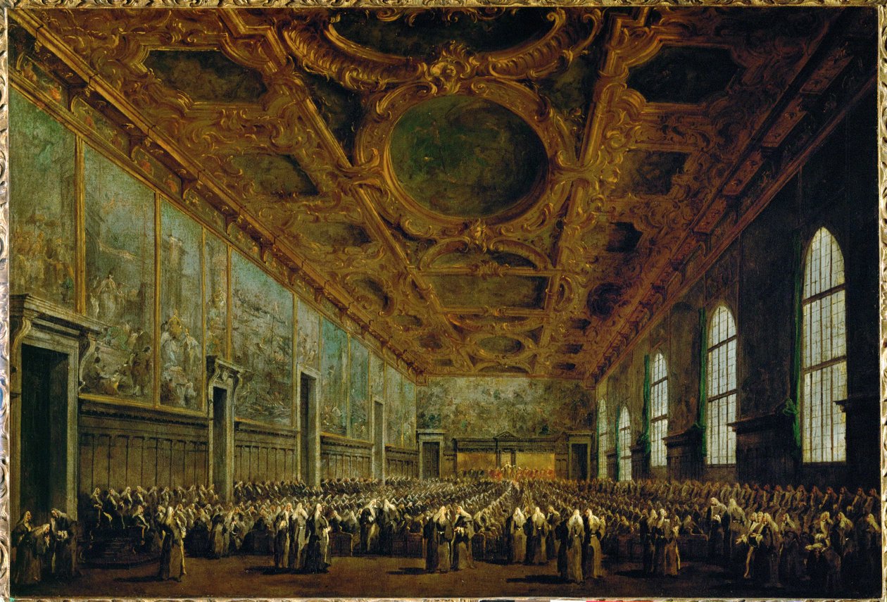 After his election, the Doge thanks the Grand Council in the Grand Council Hall of the Doge