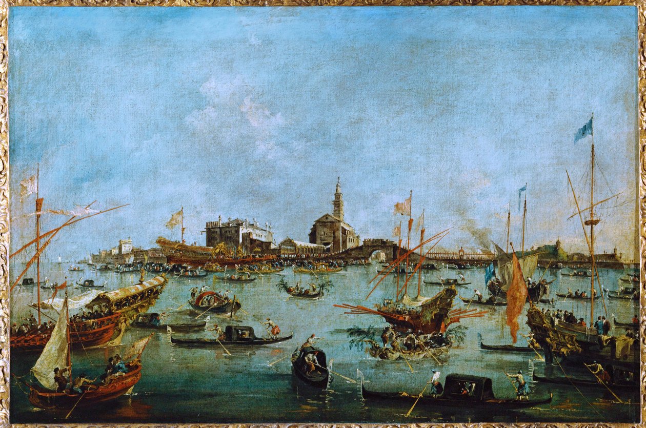 The Doge, in his golden gondola, the Bucintoro, passes San Niccolo del Lido by Francesco (circle of) Guardi