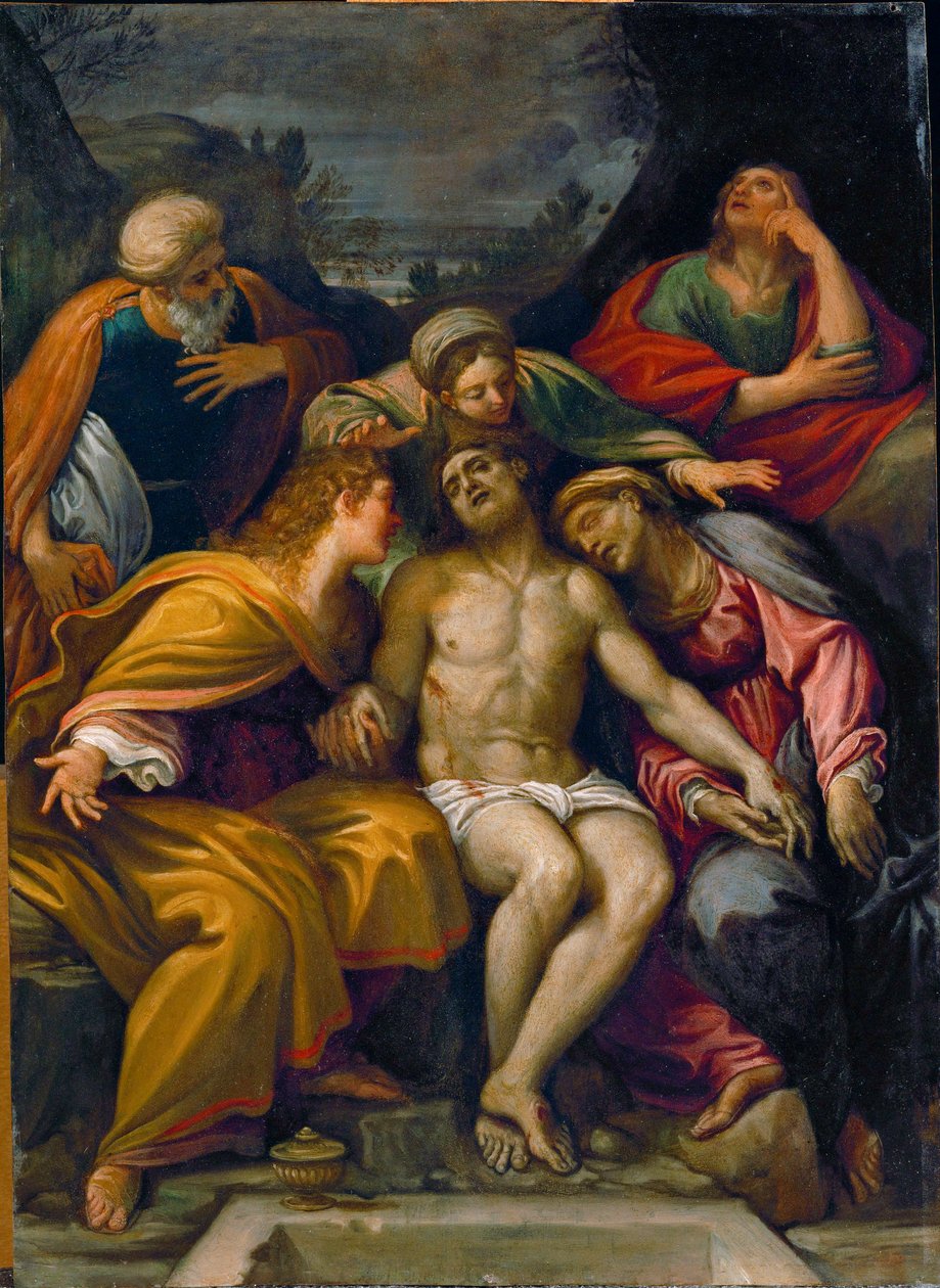 Deploration with Saint John Apostle, Saint Magdalen, Marie-Salome, Joseph of Arimathea and Saint Mary by Francesco Albani