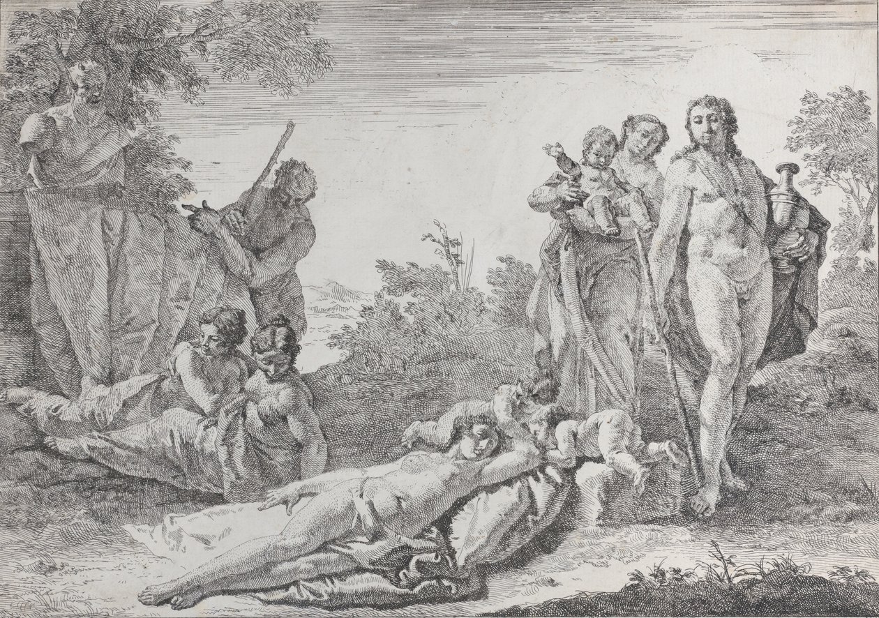 Nine Figures near a Herm of Pan, from Bacchanals and Histories, 1744 by Francesco Fontebasso