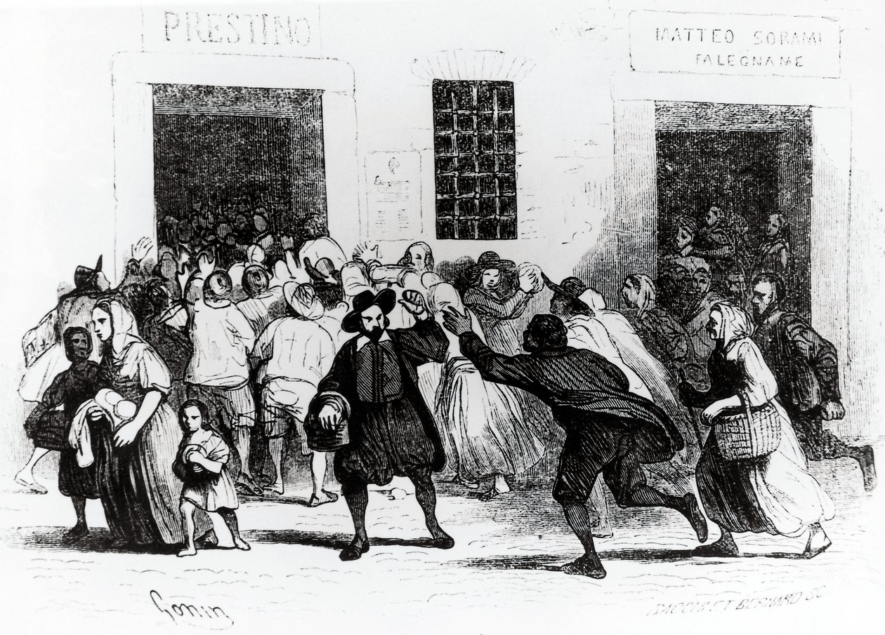 The looting of Bakery of crutches, episode from Betrothed, by Alessandro Manzoni, illustration by Francesco Gonin by Francesco Gonin