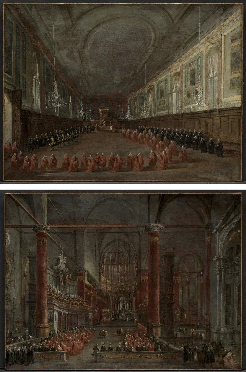Pope Pius VI Descending the Throne to Take Leave of the Doge in the Hall of SS. Giovanni e Paolo, 1782 and Pontifical Ceremony in SS. Giovanni e Paolo, Venice, 1782 (pair) by Francesco Guardi