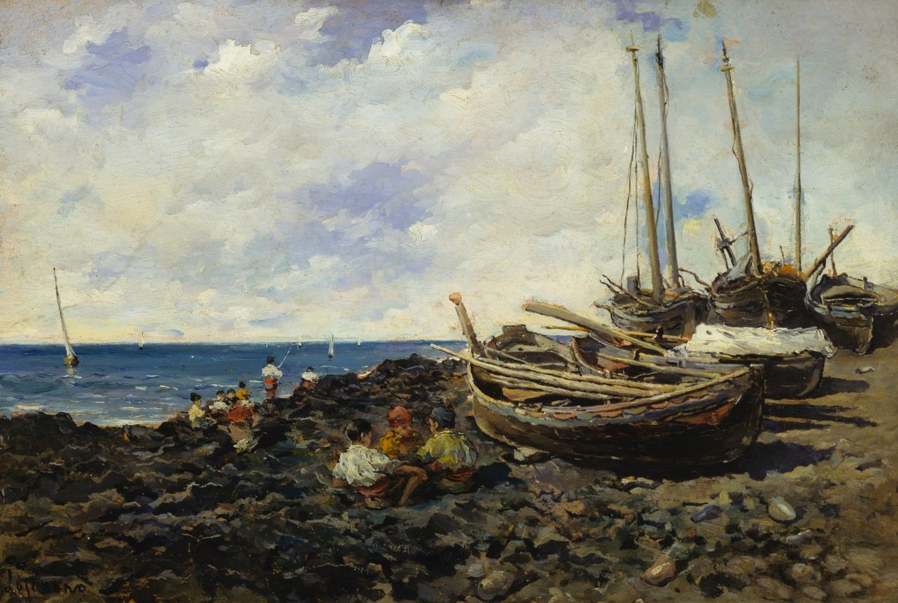 Fishermen with boats on shore by Francesco Lojacono