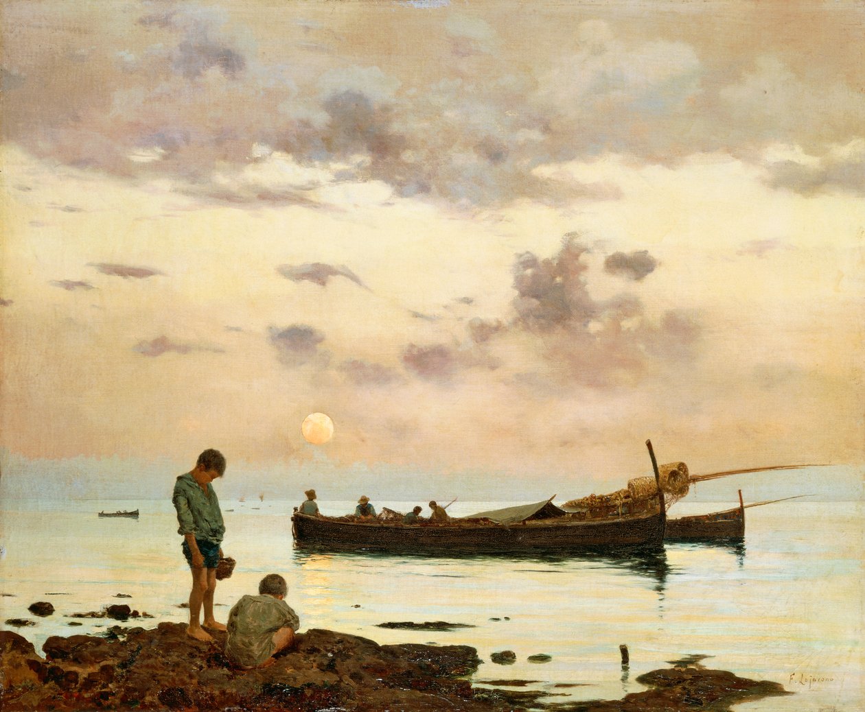 Marina with Fishing Boat and Boys, by Francesco Lojacono by Francesco Lojacono