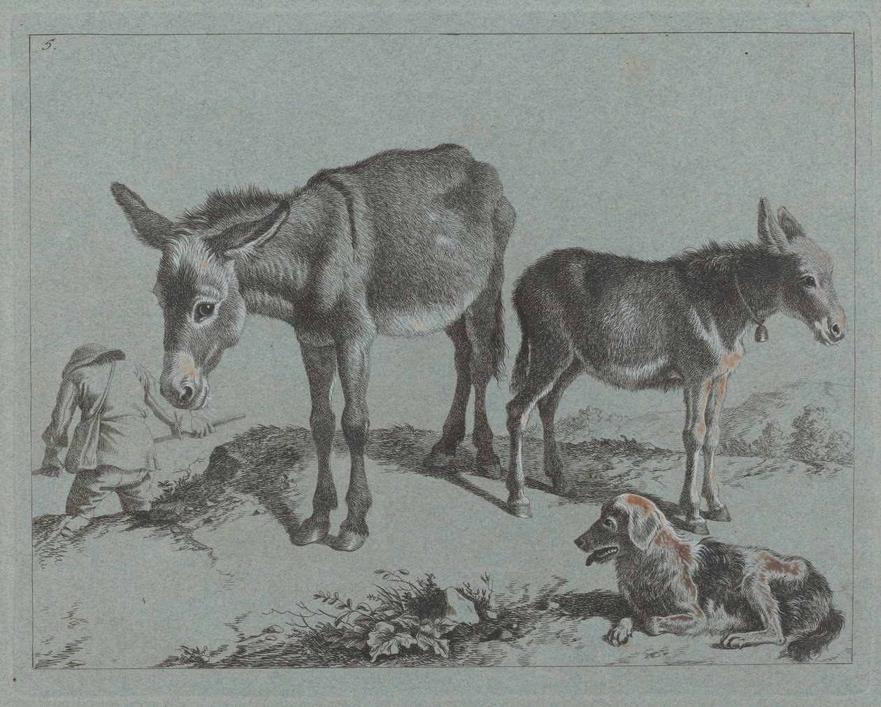 Donkey with Her Foal, a Dog, and a Peasant Man by Francesco Londonio