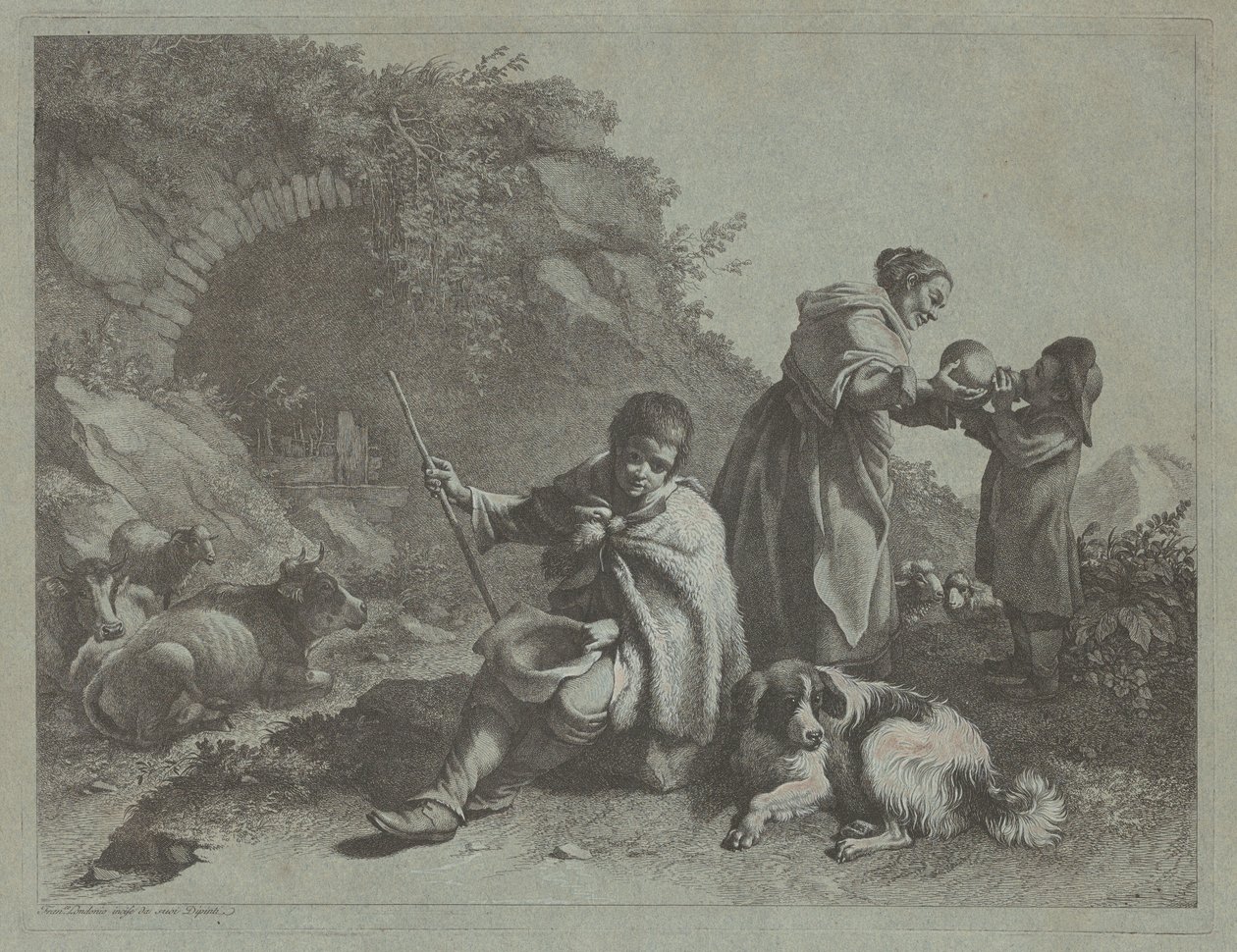 Seated Shepherd Boy and Woman Giving a Drink to a Child by Francesco Londonio
