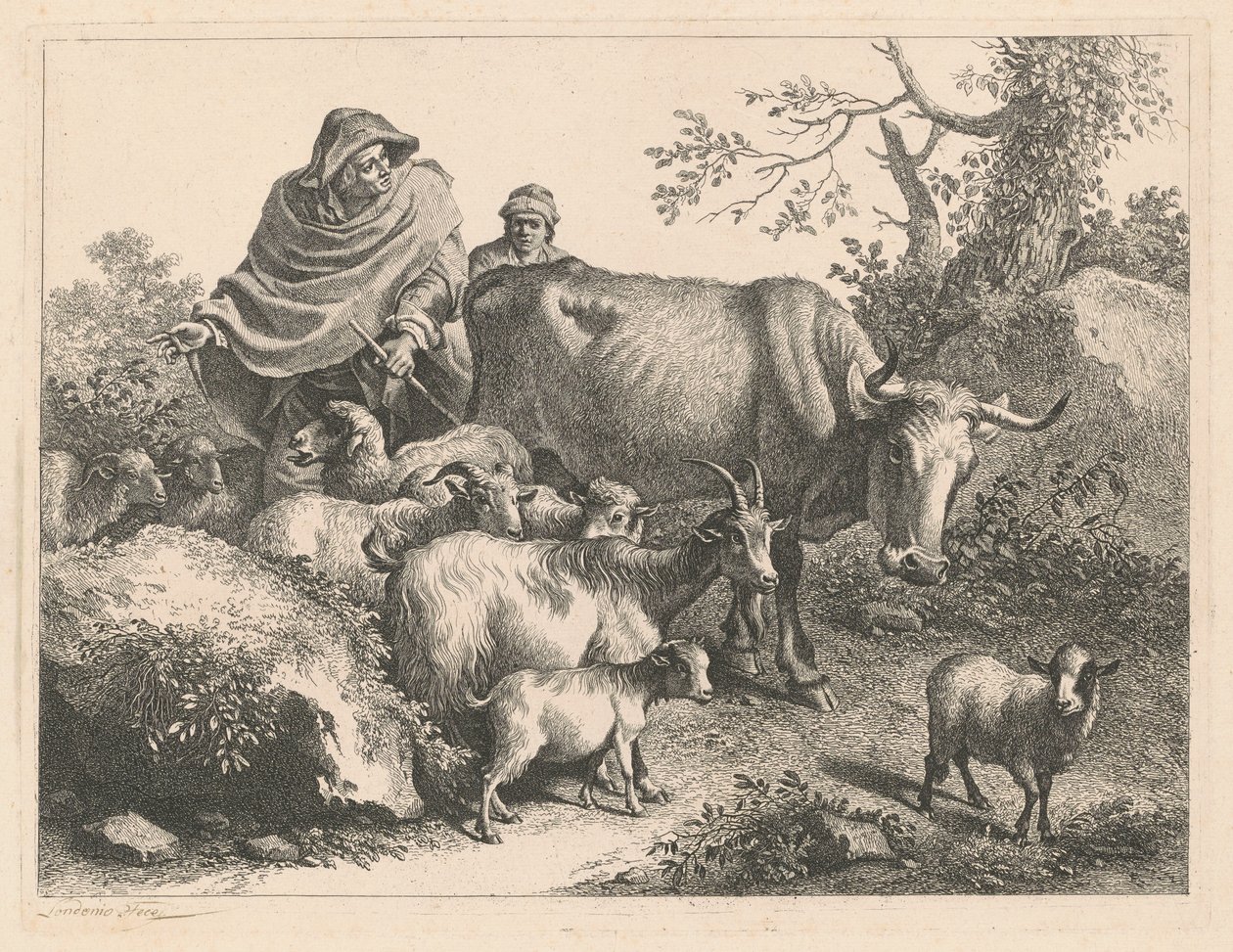 Shepherd Wearing a Cape Driving a Flock by Francesco Londonio