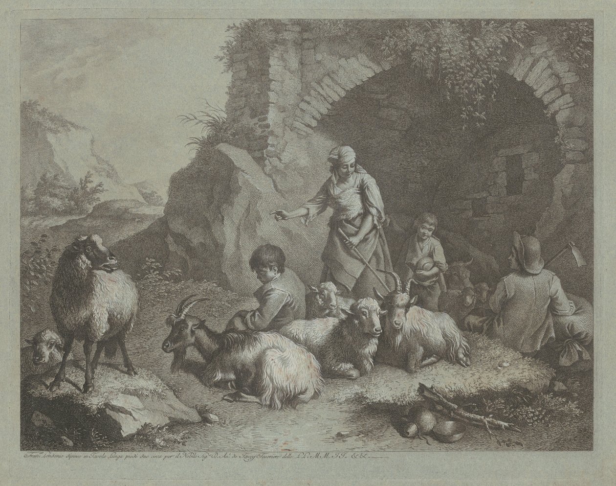 Woman, Shepherd Boys, and Sheep near an Arch by Francesco Londonio