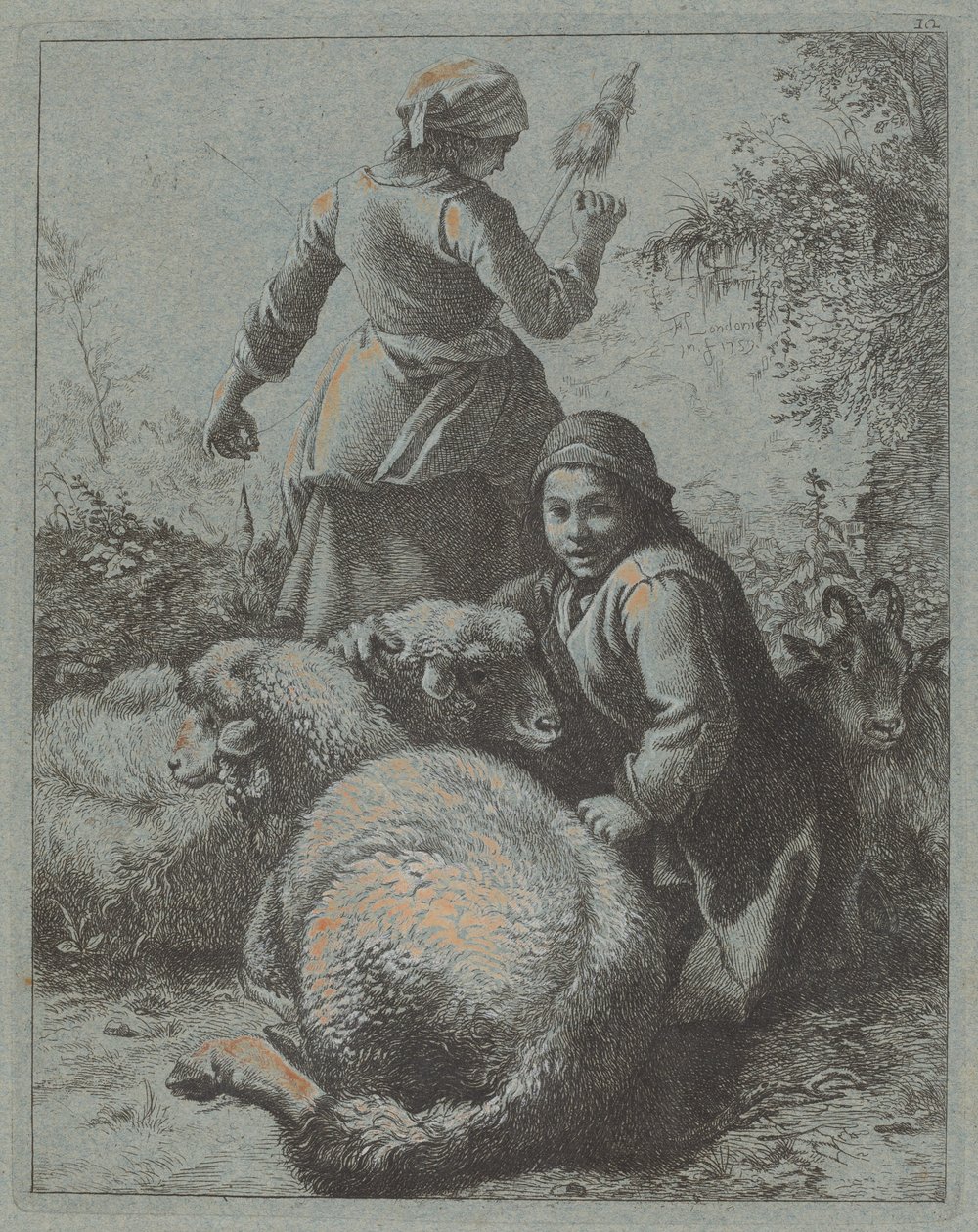 Woman Spinner and a Shepherd with Flock by Francesco Londonio