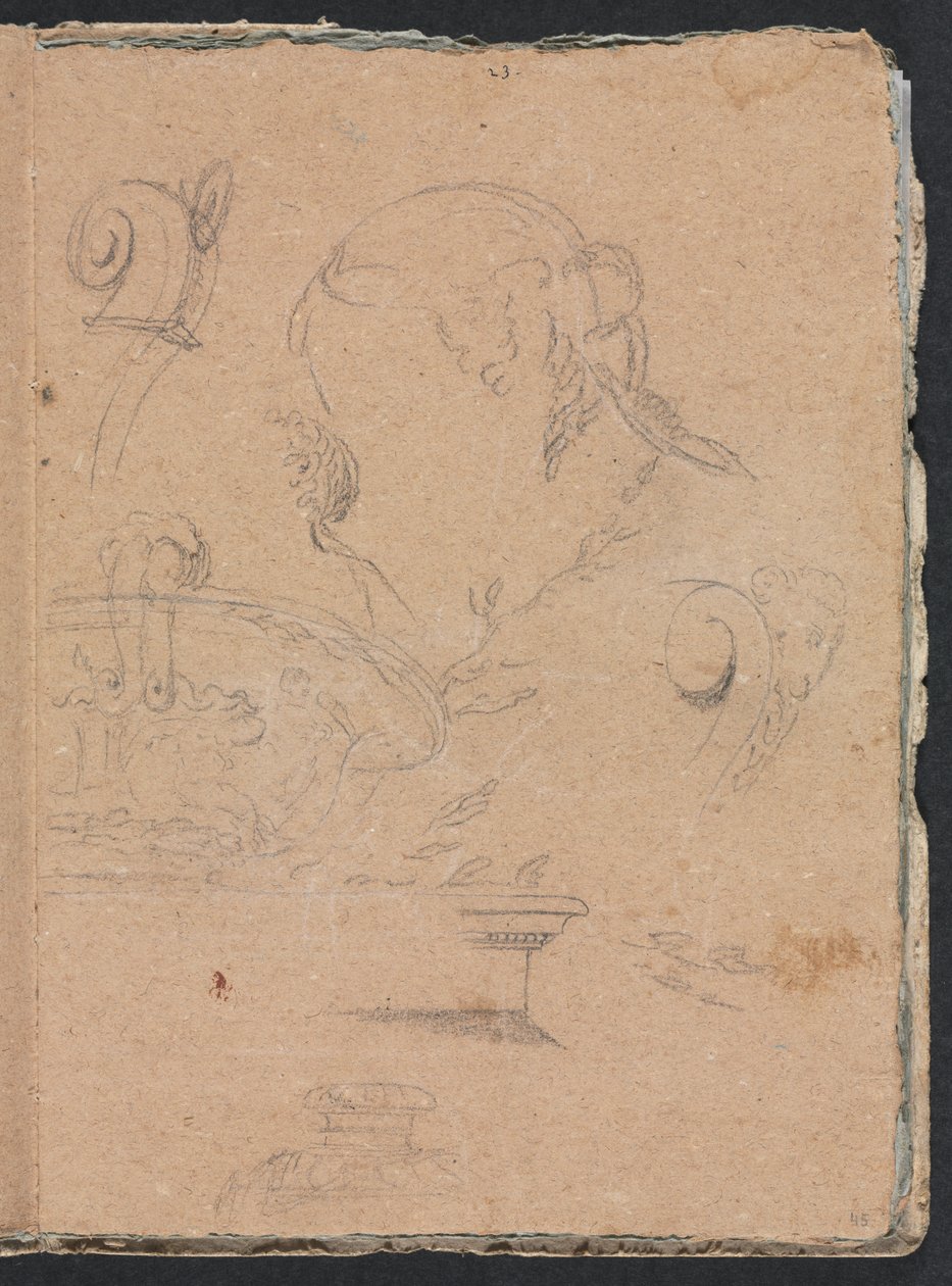 Verona Sketchbook: Architectural motifs with female head (page 45) by Francesco Lorenzi