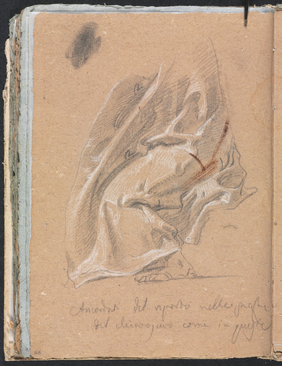 Verona Sketchbook: Drapery study with foot and inscription (page 88) by Francesco Lorenzi
