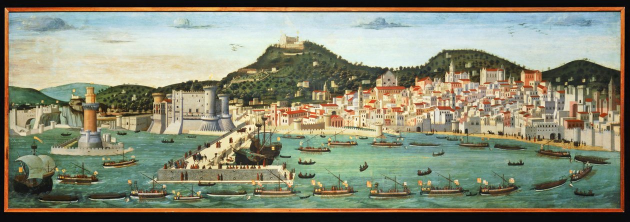 Tavola Strozzi depicting the Naples waterfront and the return of the Aragonese fleet from the battle of Ischia by Francesco Pagano