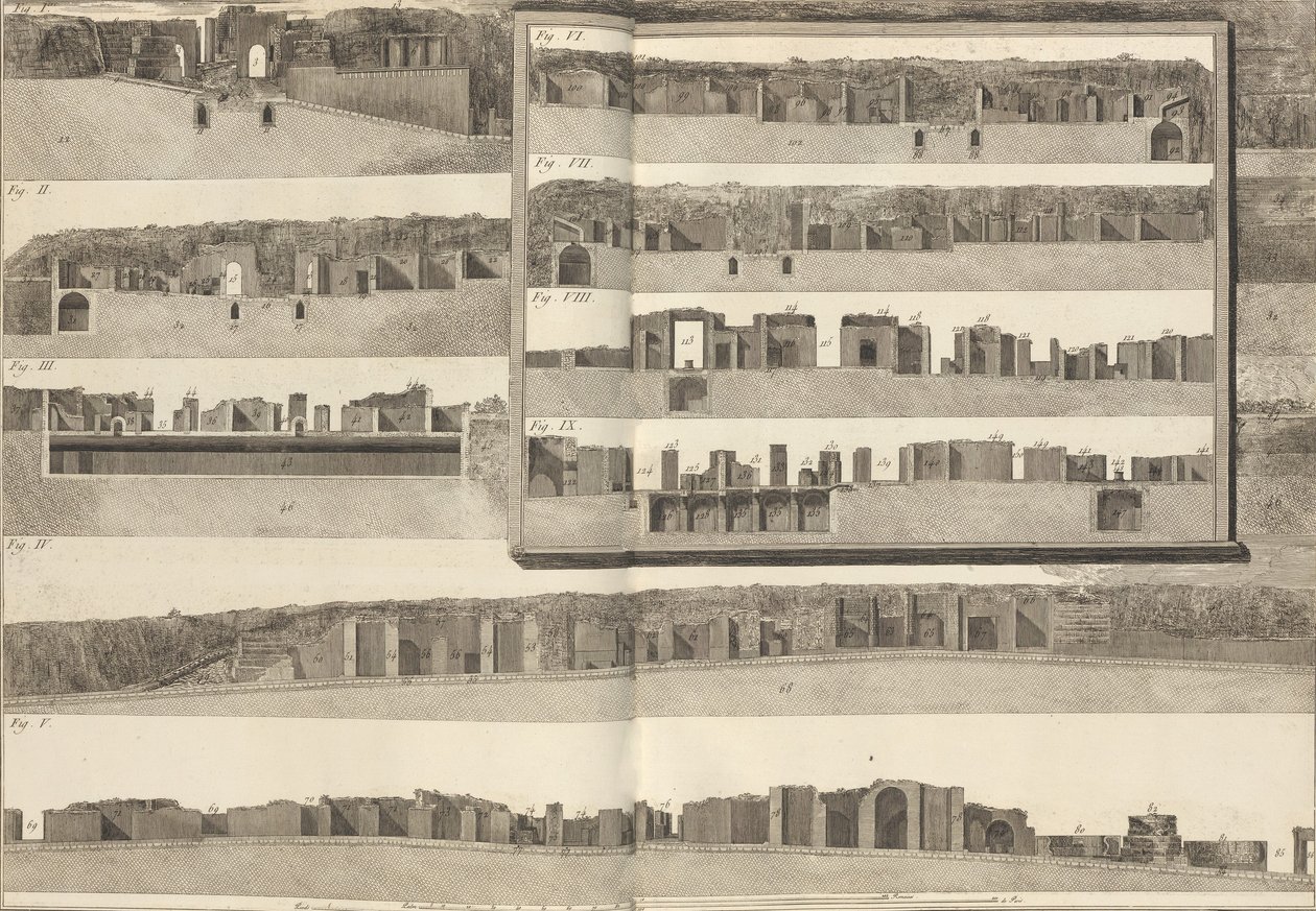 Cross-sections Showing Different Aspects of the Buildings in the Plan of Pompeii by Francesco Piranesi