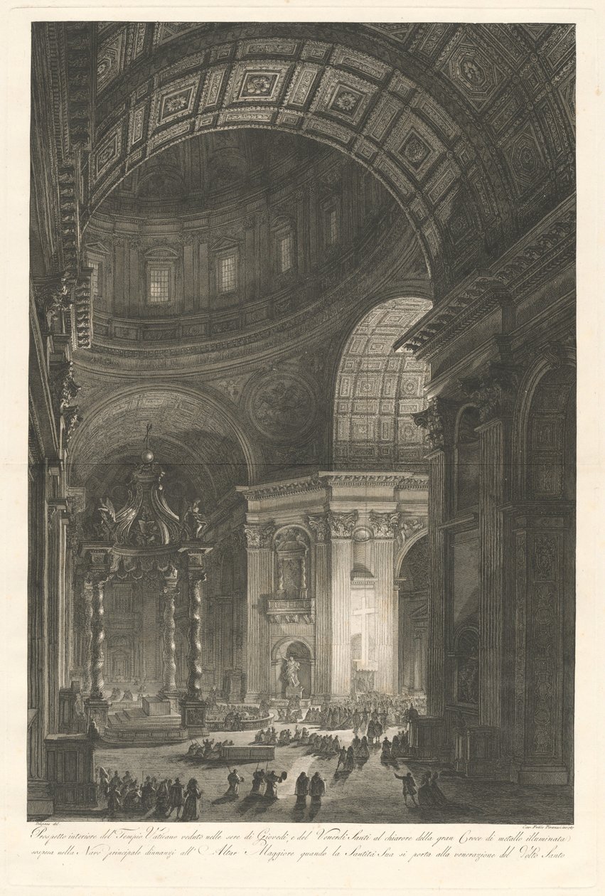 Interior of St. Peter’s, with the Illumination of the Cross of St. Peter by Francesco Piranesi