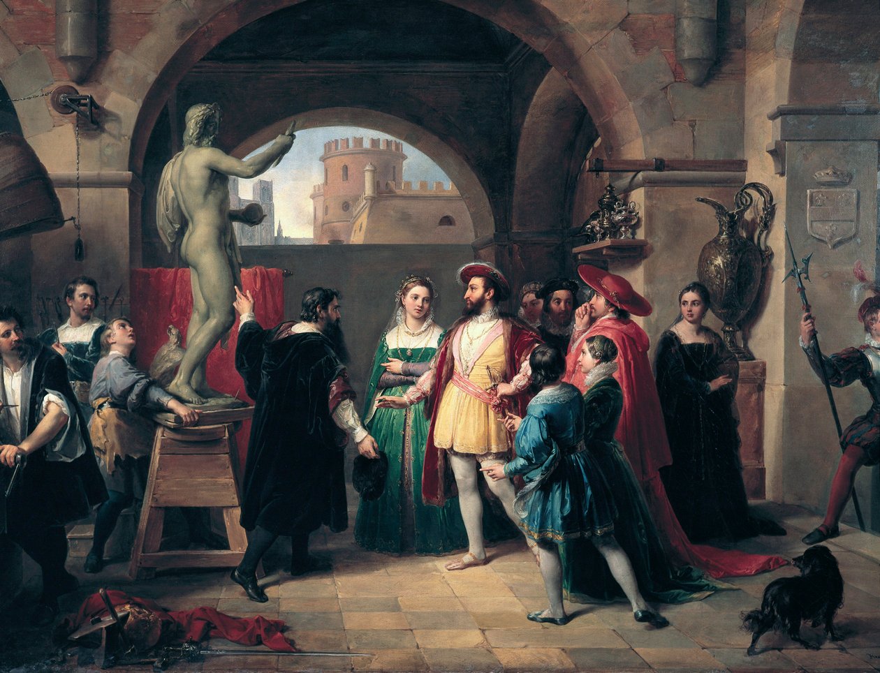 King Francis I of France (1494-1547) visits the workshop of Benvenuto Cellini (1500-1571) in Rome. The painter presents the king with a sculpture of Saint John the Evangelist by Francesco Podesti