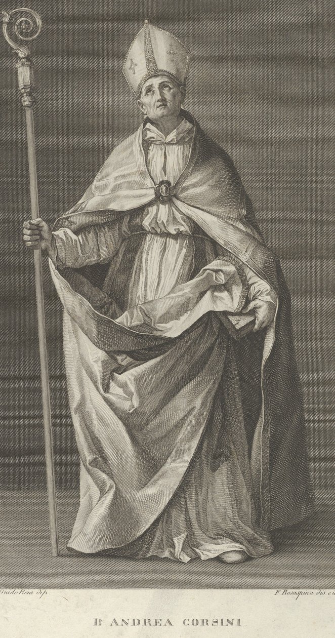 Saint Andrea Corsini dressed as Bishop of Fiesole, holding a crosier and looking, ca. 1780-1841 by Francesco Rosaspina