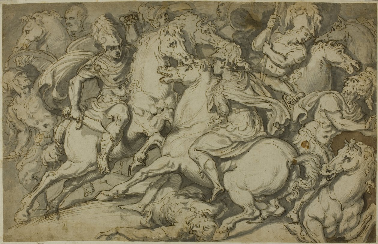 Cavalry Skirmish (front); Kneeling Ecorché (back) by Francesco Salviati