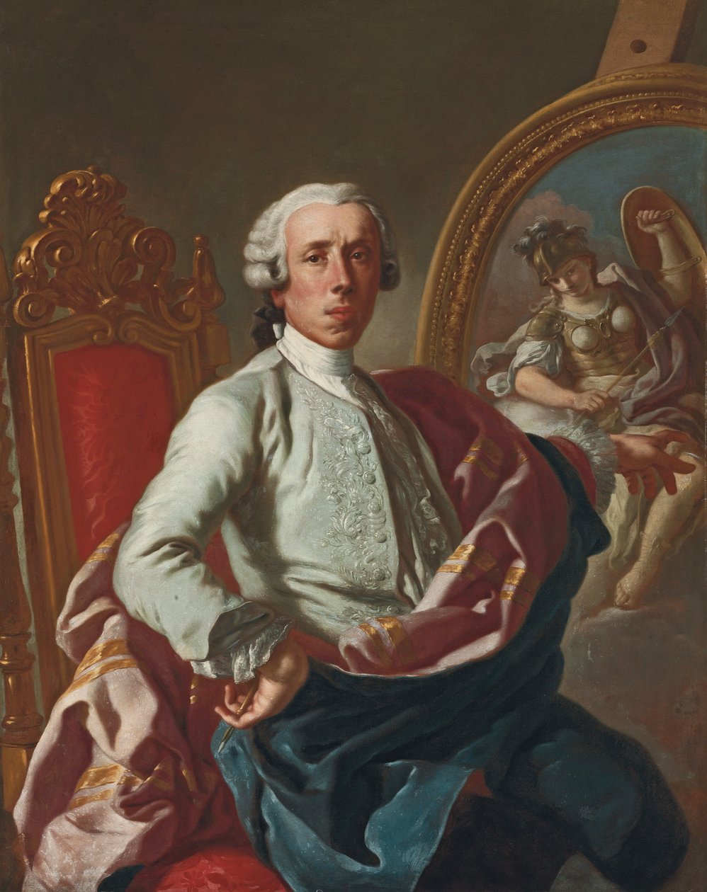 Portrait of the Artist, Three-Quarter-Length, Seated, Holding a Pencil, at an Easel with a Picture of Minerva by Francesco de Mura