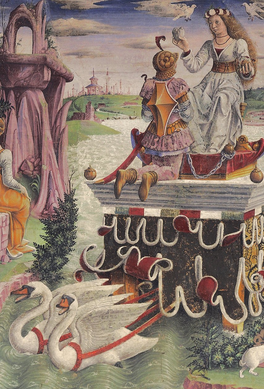 Triumph of Venus and Sign of Taurus, scenes from Month of April, east wall, Hall of the Months, Palazzo Schifanoia, Ferrara, Italy (detail) by Francesco del Cossa