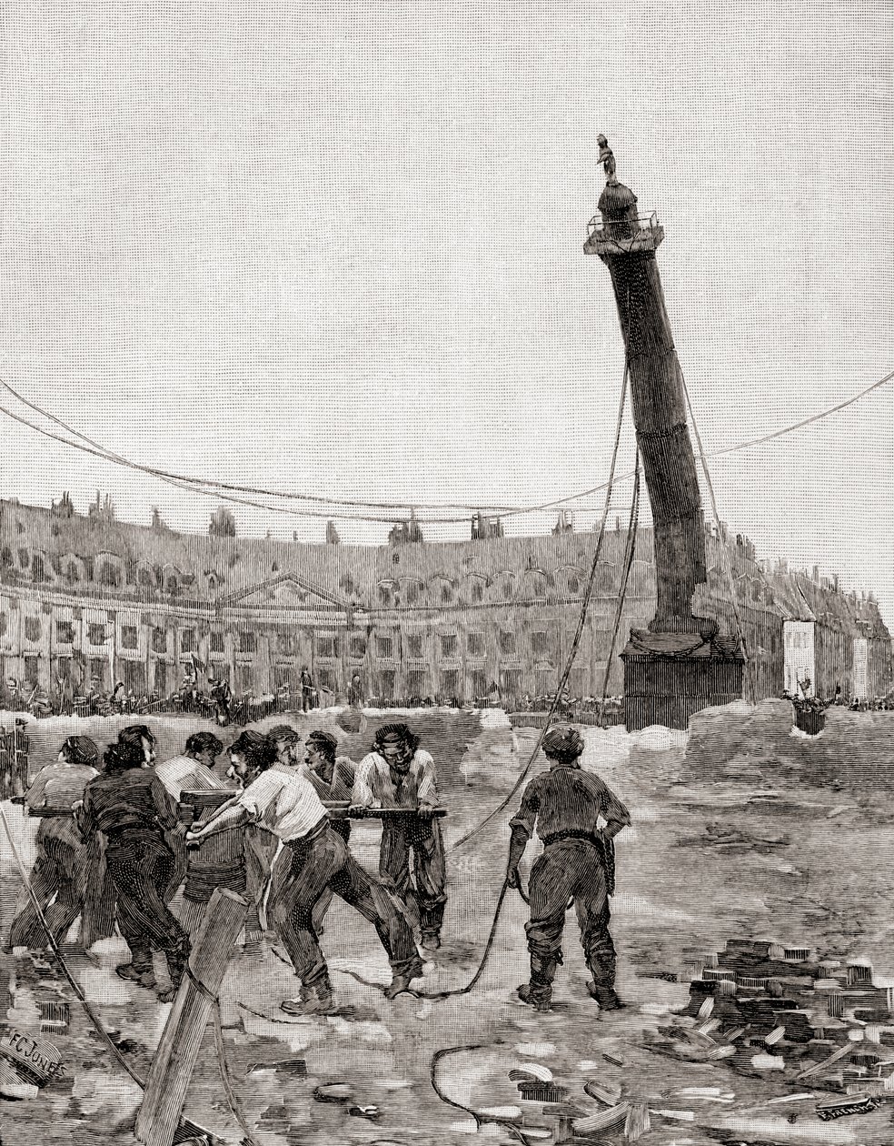 Pulling down the Vendôme Column during the Paris Commune, Paris, France in 1871, from The Century Illustrated Monthly Magazine, published 1884 by Francis Coates Jones