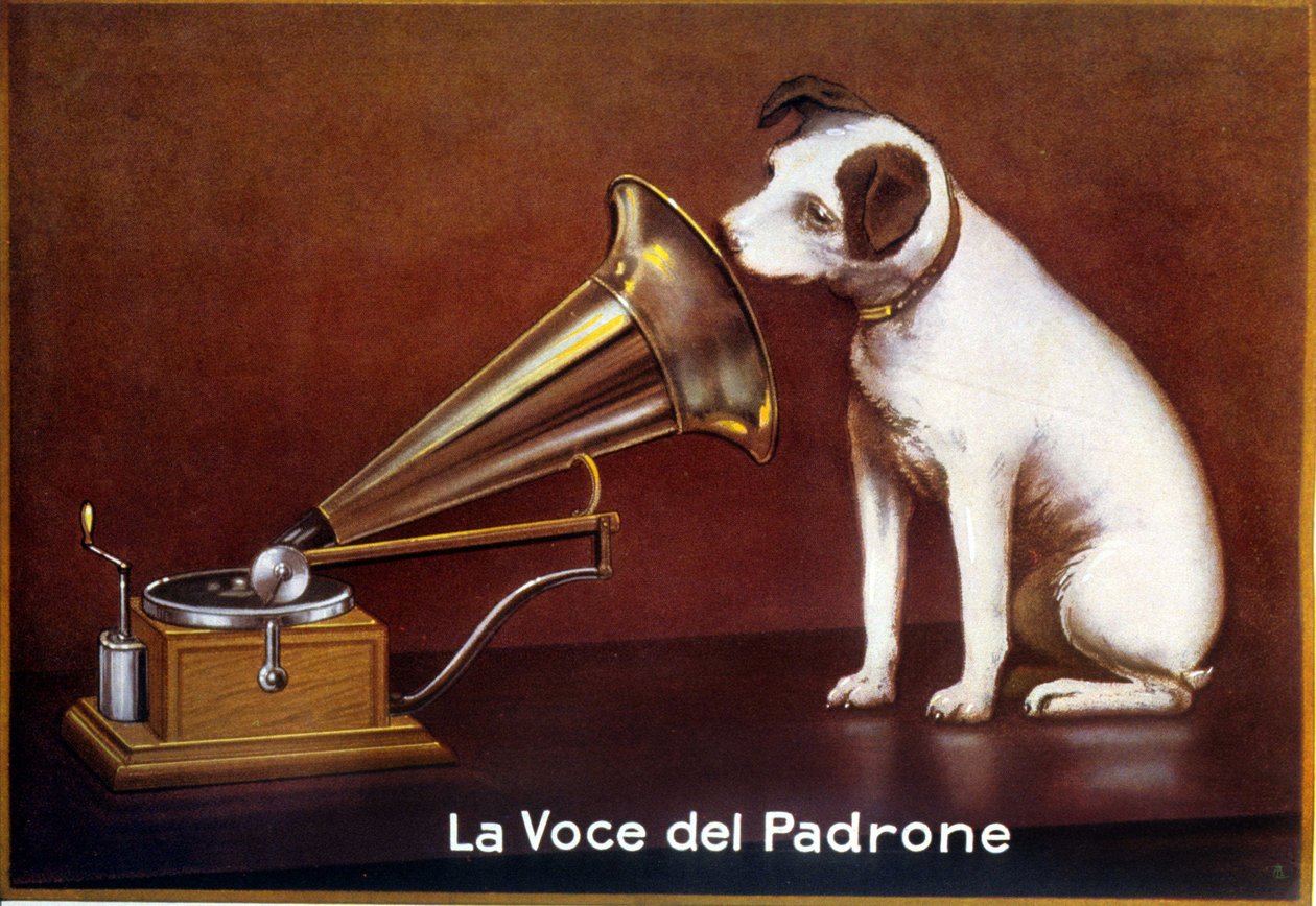 Italian advertisement for The Voice of My Master by Francis (after) Barraud