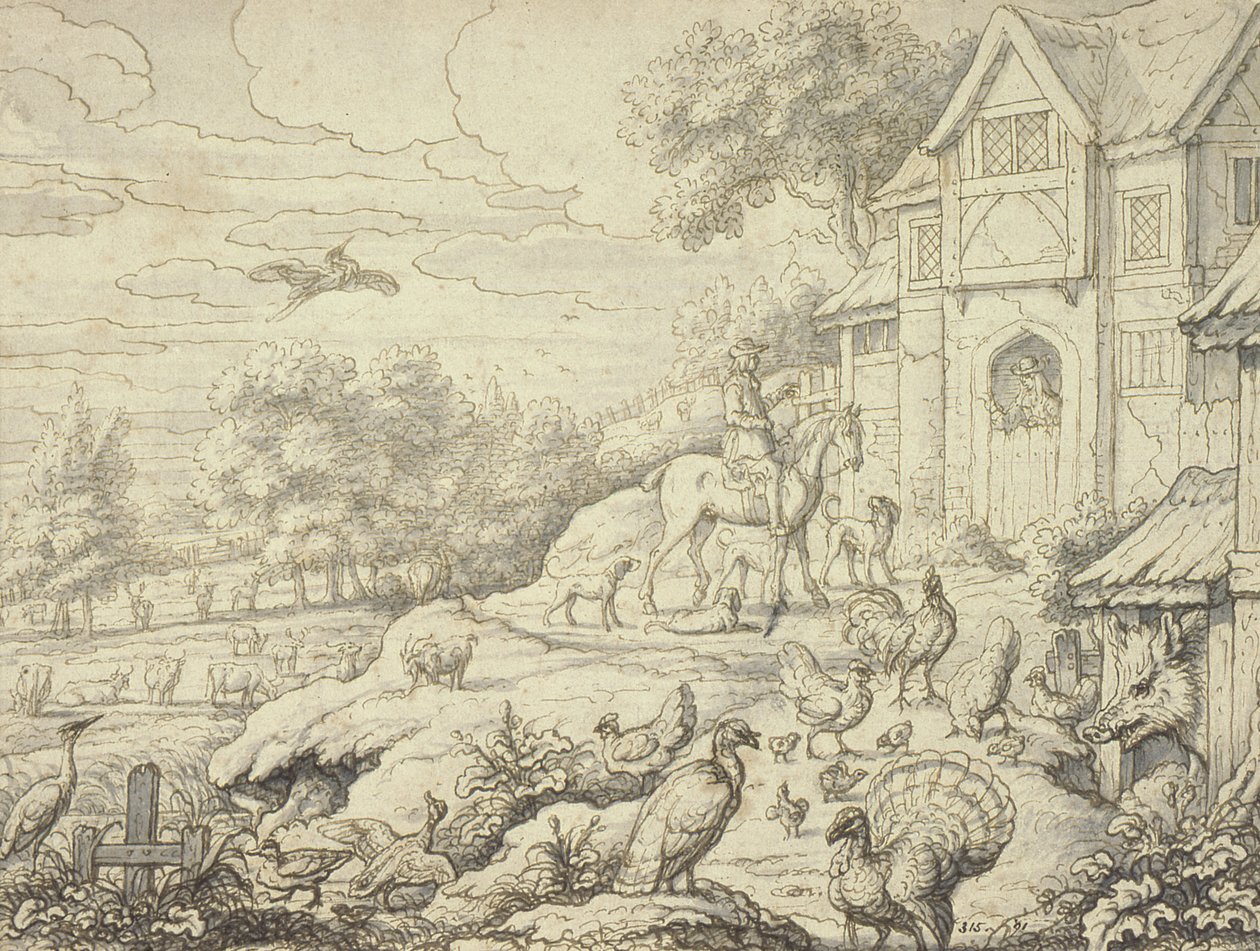 Farmyard, with Figures and Landscape Background by Francis Barlow