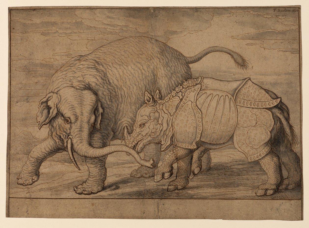 Fight Between an Elephant and Rhinoceros by Francis Barlow