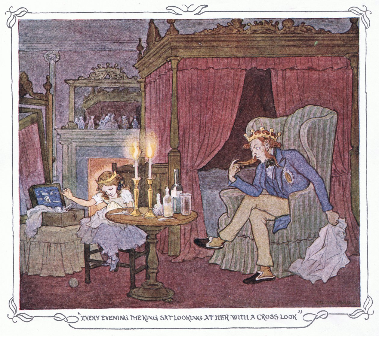 Every evening the king sat looking at her with a cross look, from The Magic Fishbone published by Warne & Co, circa 1940 by Francis Donkin Bedford