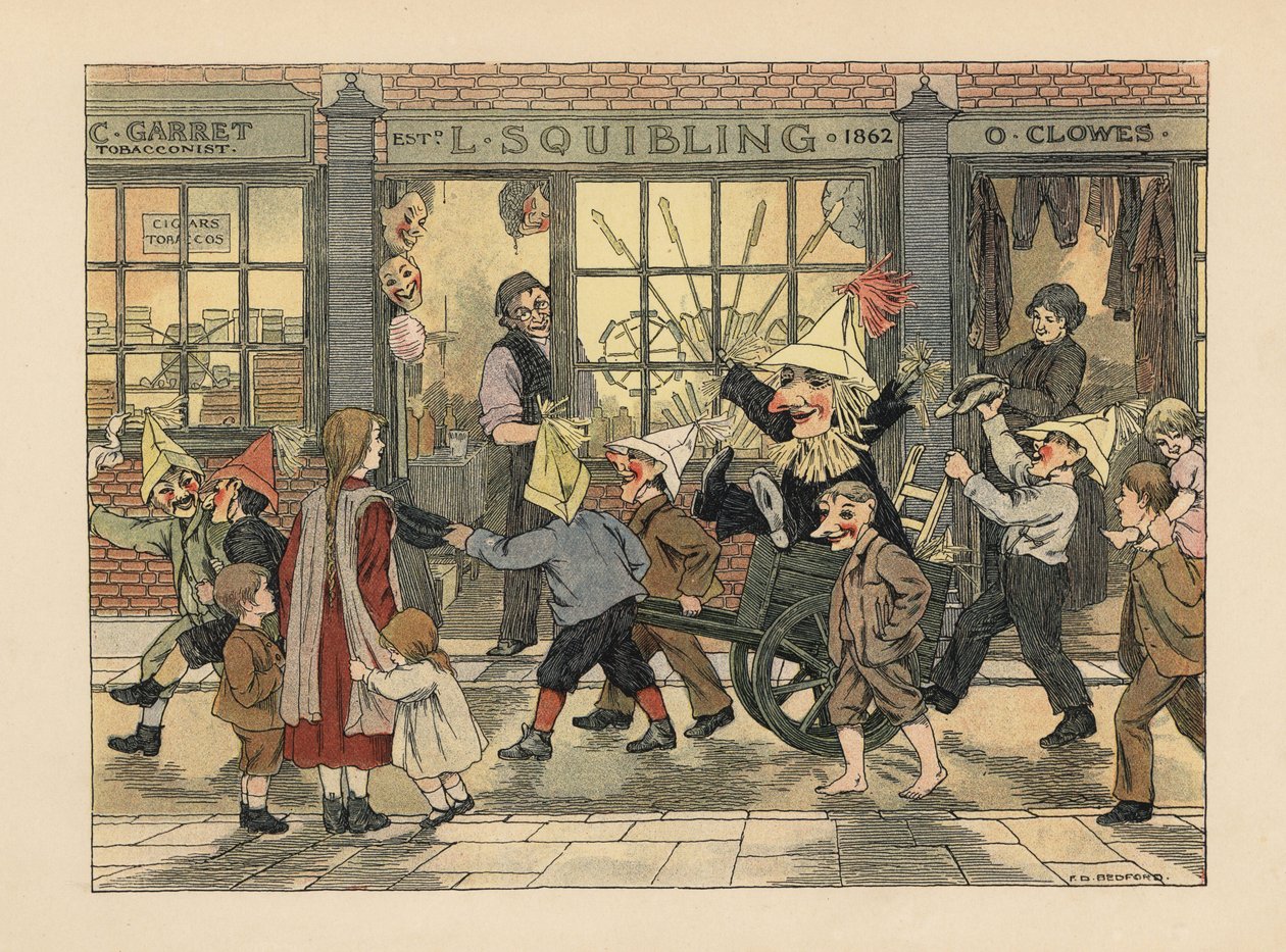 Fireworks Store - Victorian Children Pulling a Guy in a Cart on Guy Fawkes Night in Front of L. Squibling