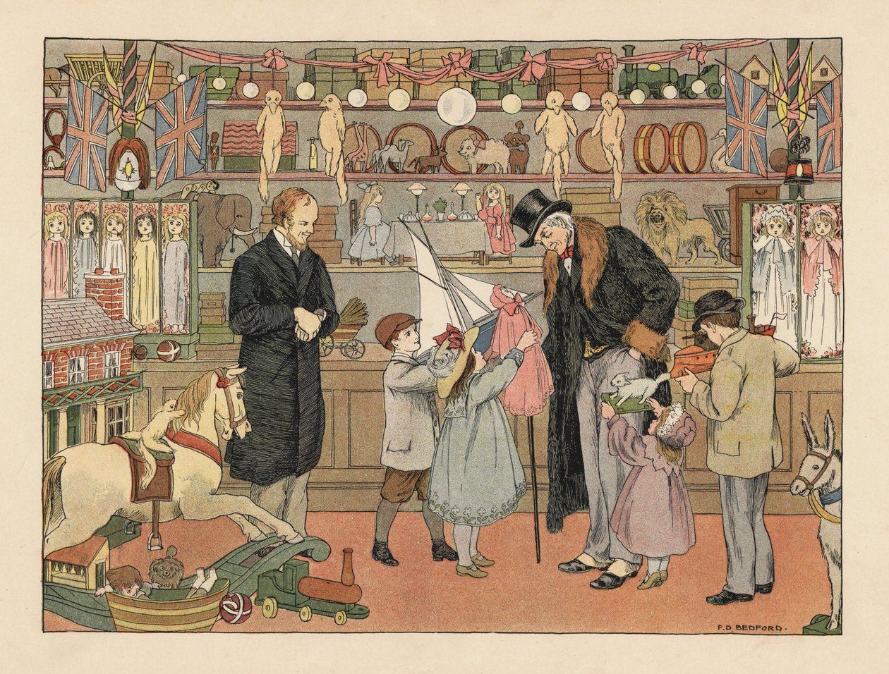 Victorian children choosing toys with their uncle in a toy store. Illustration by Francis Donkin Bedford from Edward Verrall Lucas