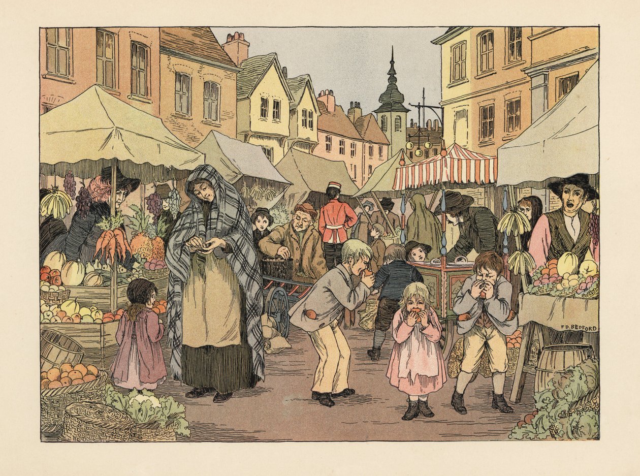 Victorian children eating penny oranges from fruit and vegetable stalls in a market in London