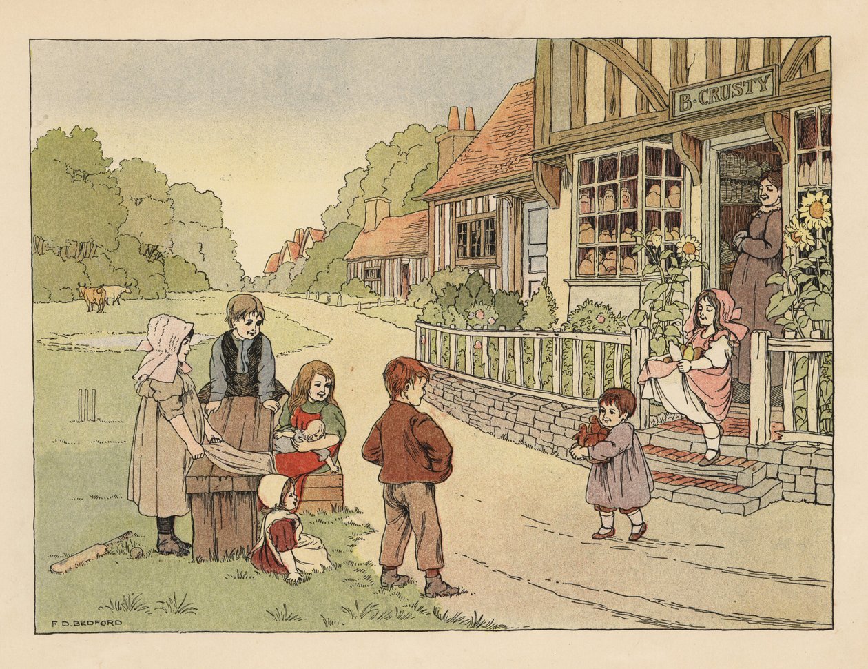 Victorian Children Outside the Village Bakery, from The Book of Shops by Francis Donkin Bedford