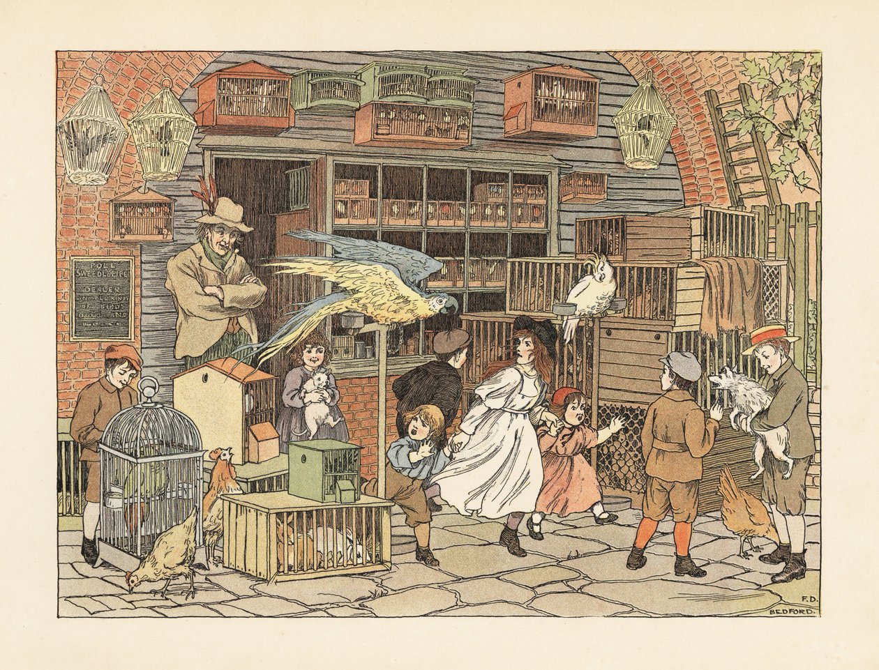 Victorian children playing with parrots and cockatoos at the bird fancier