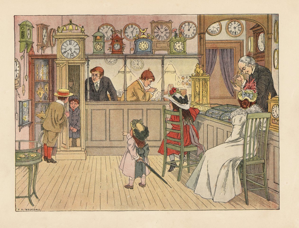 Victorian Family at the Watchmakers. Children Playing in a Grandfather Clock, While a Clerk Fixes a Watch by Francis Donkin Bedford