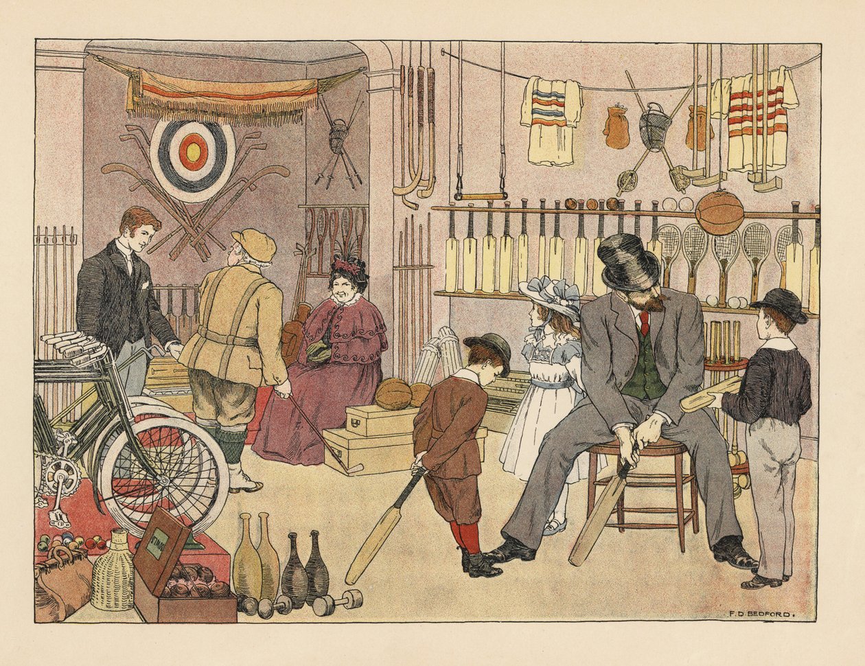 Victorian father and children buying cricket bats at the athletic outfitters and sports shop. Golfer in plus fours with a store clerk. Illustration by Francis Donkin Bedford from Edward Verrall Lucas