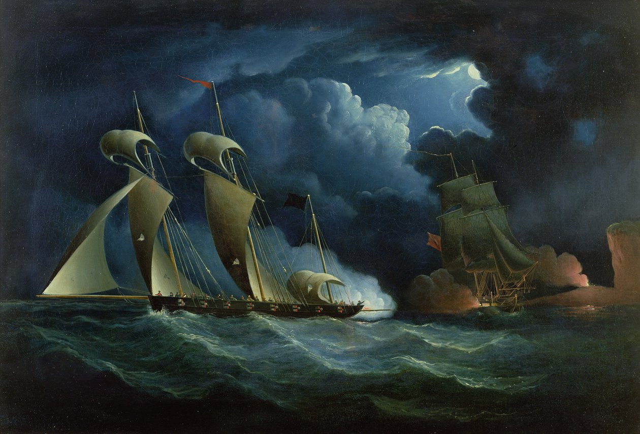 A Customs Brig Engaging the Pirate Lugger Will Watch by Francis Hustwick
