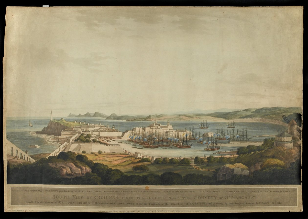 South View of Corunna from the Heights near the Convent of St. Margaret, engraved by H. Merke, published in 1809 by Francis Lee